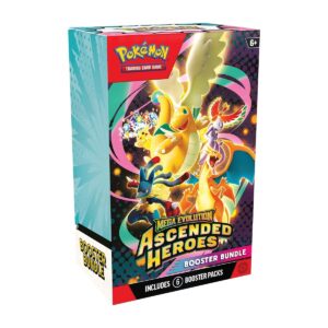 Pokémon TCG Mega Evolution Ascended Heroes Booster Bundle with 6 booster packs featuring Mega-Evolved Pokémon trading cards